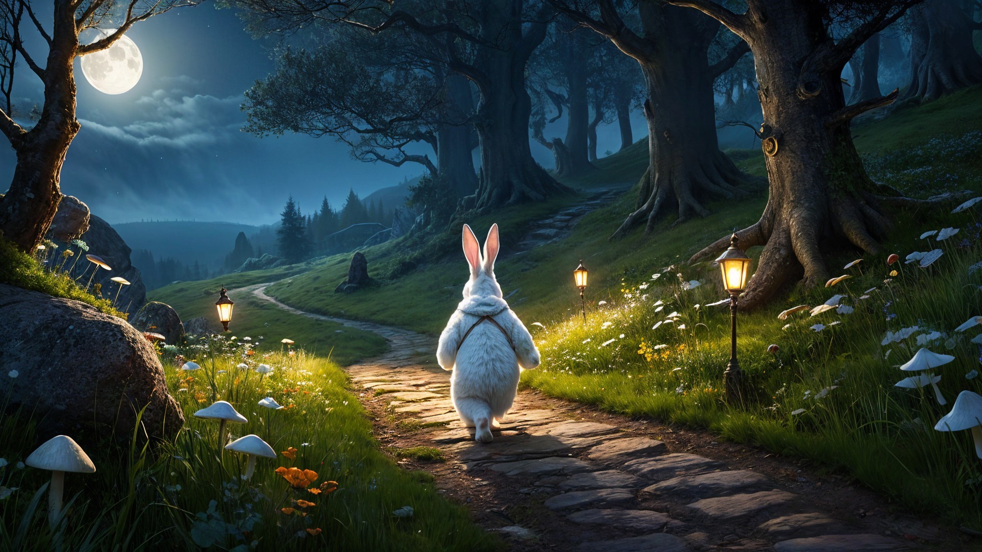 Whimsical Rabbit Scene Under a Full Moon in Forest