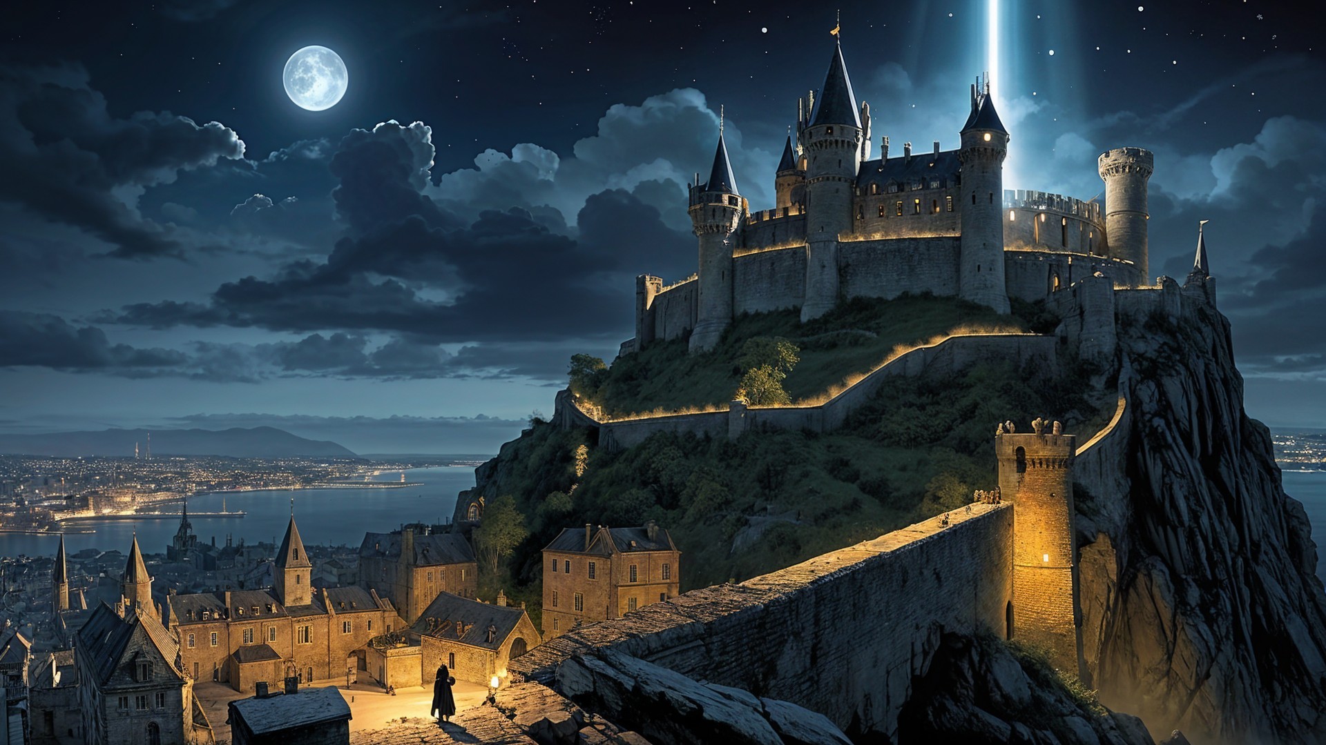 Castle on Cliff Under Moonlight with Serene Landscape