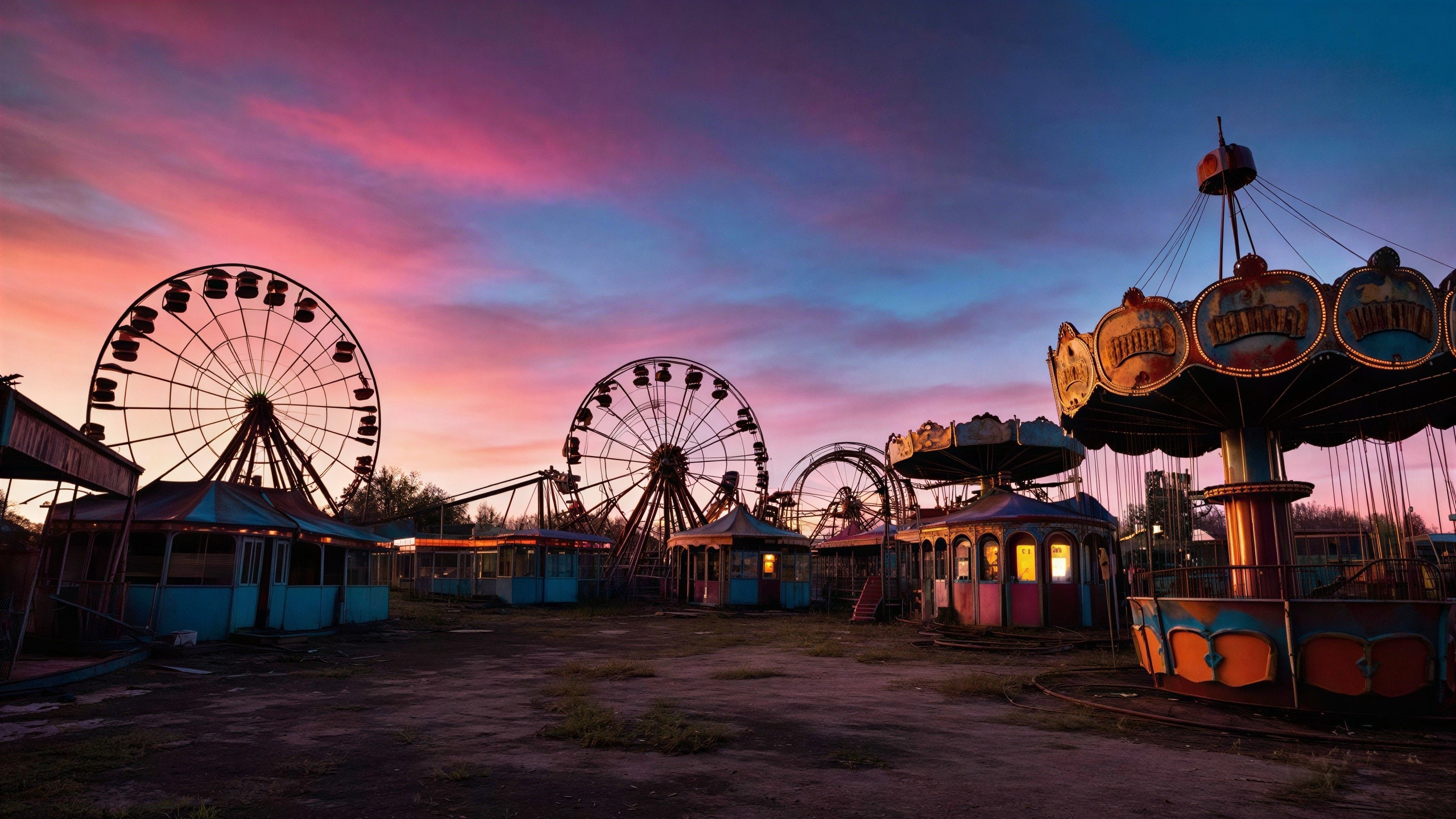 Abandoned Amusement Park Under Sunset Skies