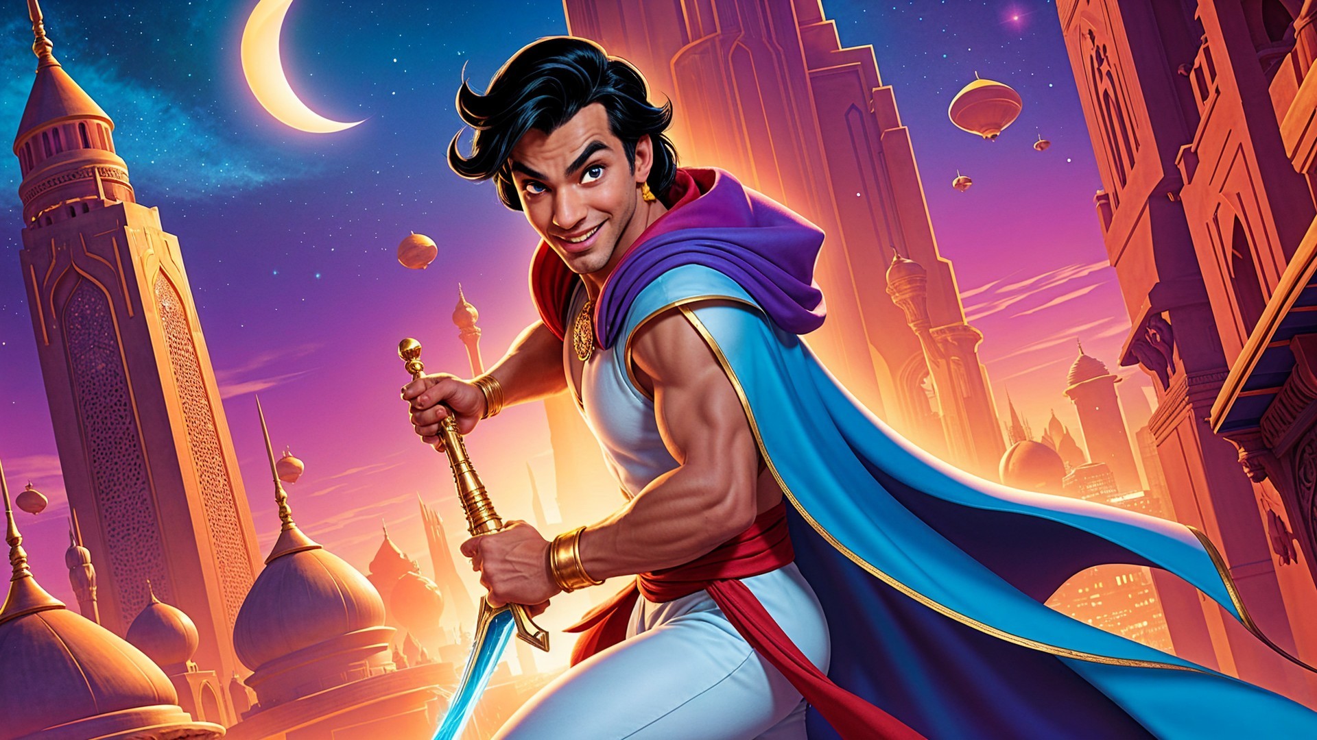 Young man with sword in vibrant clothing against moonlit backdrop