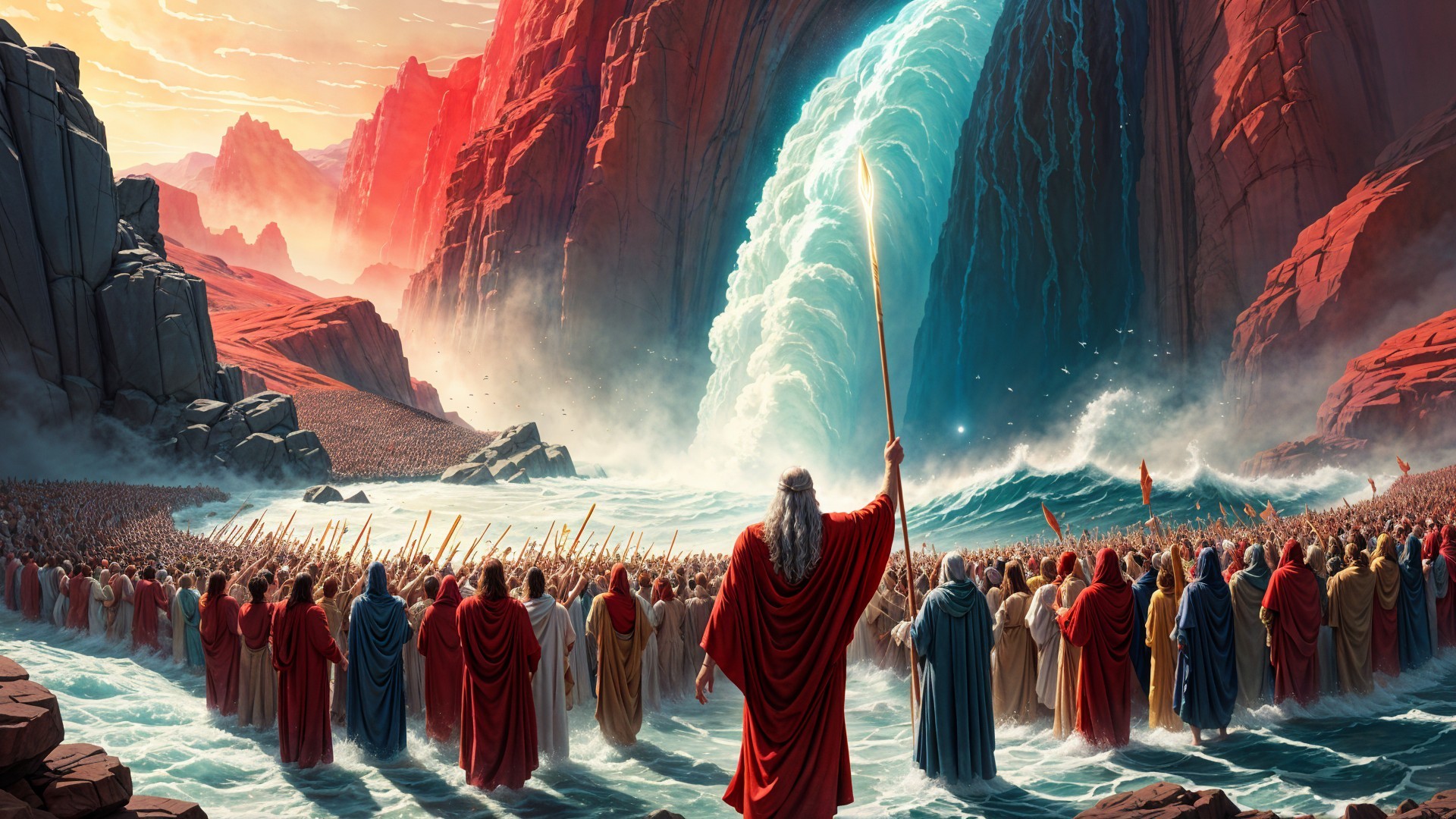 Dramatic Scene of Water Parting with Colorful Crowd