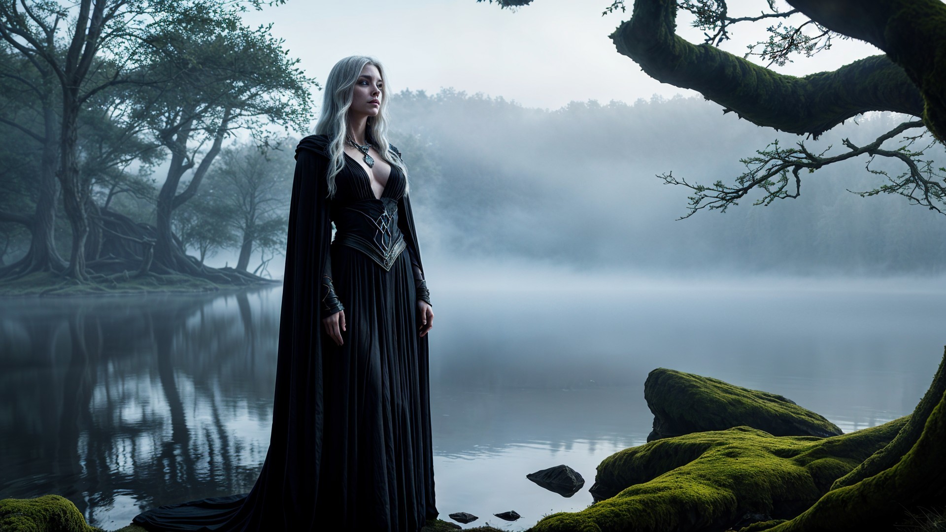Mysterious Figure by Misty Lake in Black Gown