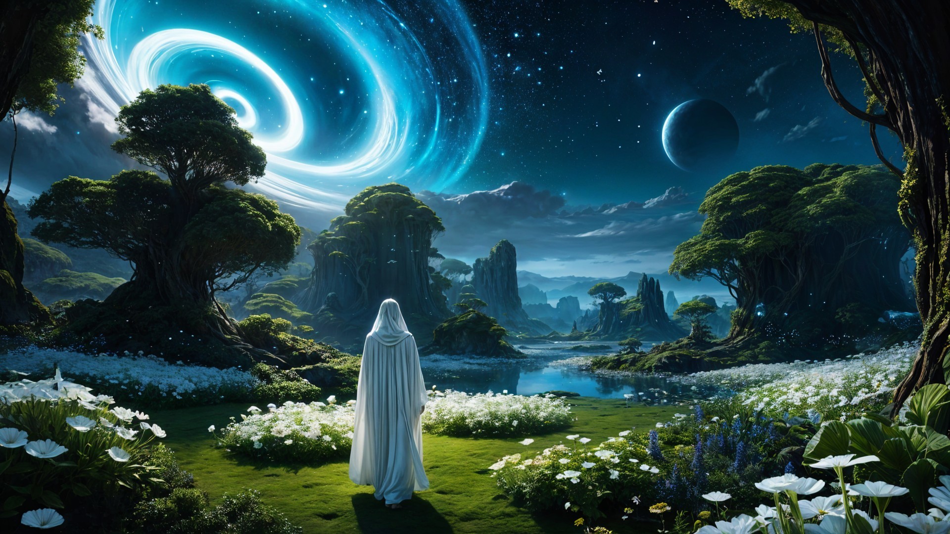 Cloaked Figure in an Alien Landscape with Cosmic Sky