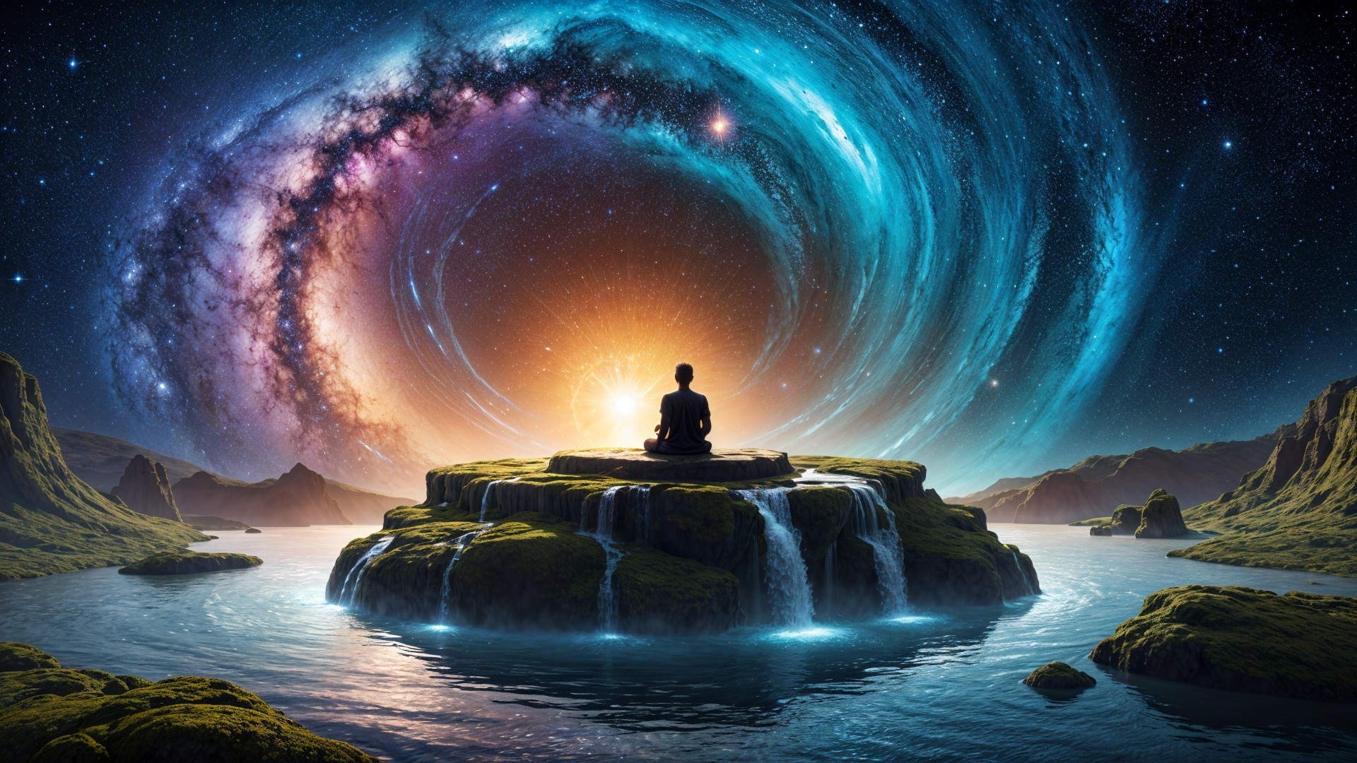 Meditation in a Cosmic Landscape with Waterfalls