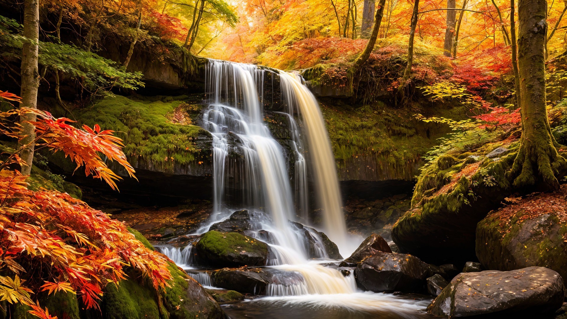 Serene Waterfall Amidst Vibrant Autumn Foliage