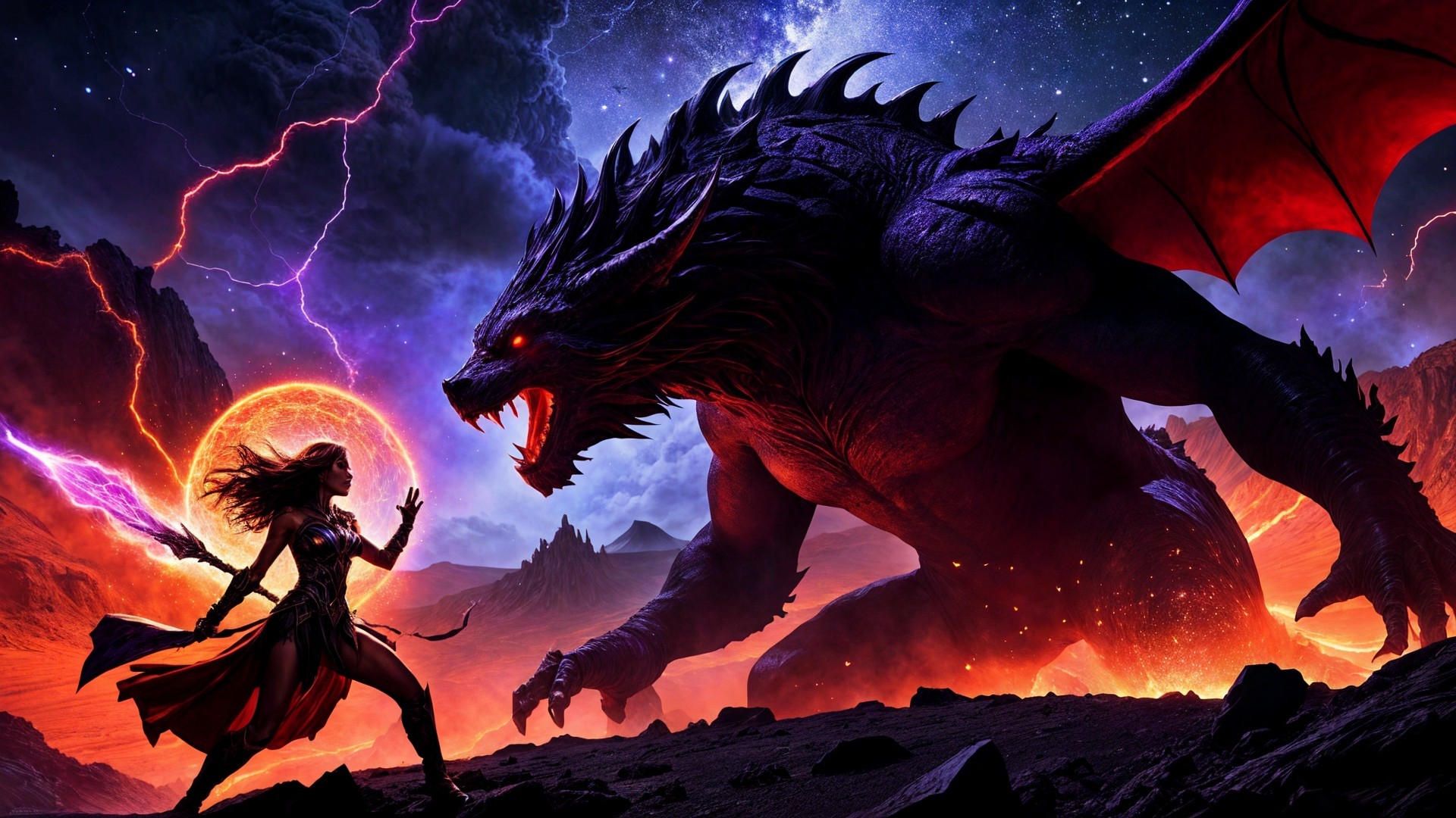 Warrior Confronts Dragon in Fiery Fantasy Landscape