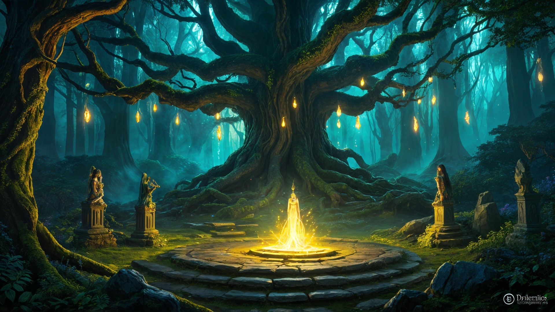 Ancient Tree and Magical Stone Circle in Enchanted Forest