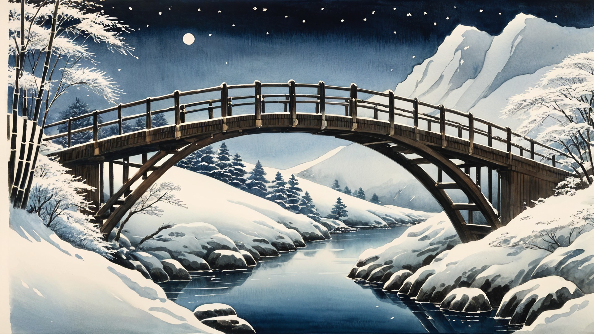 Tranquil Winter Landscape with Moonlit River and Bridge