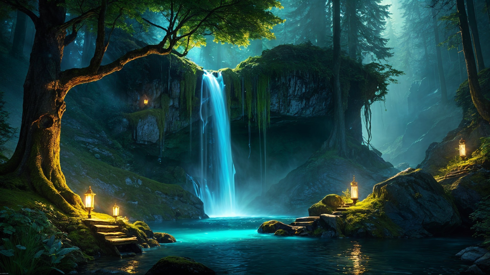 Serene Forest Waterfall and Turquoise Pool Scene