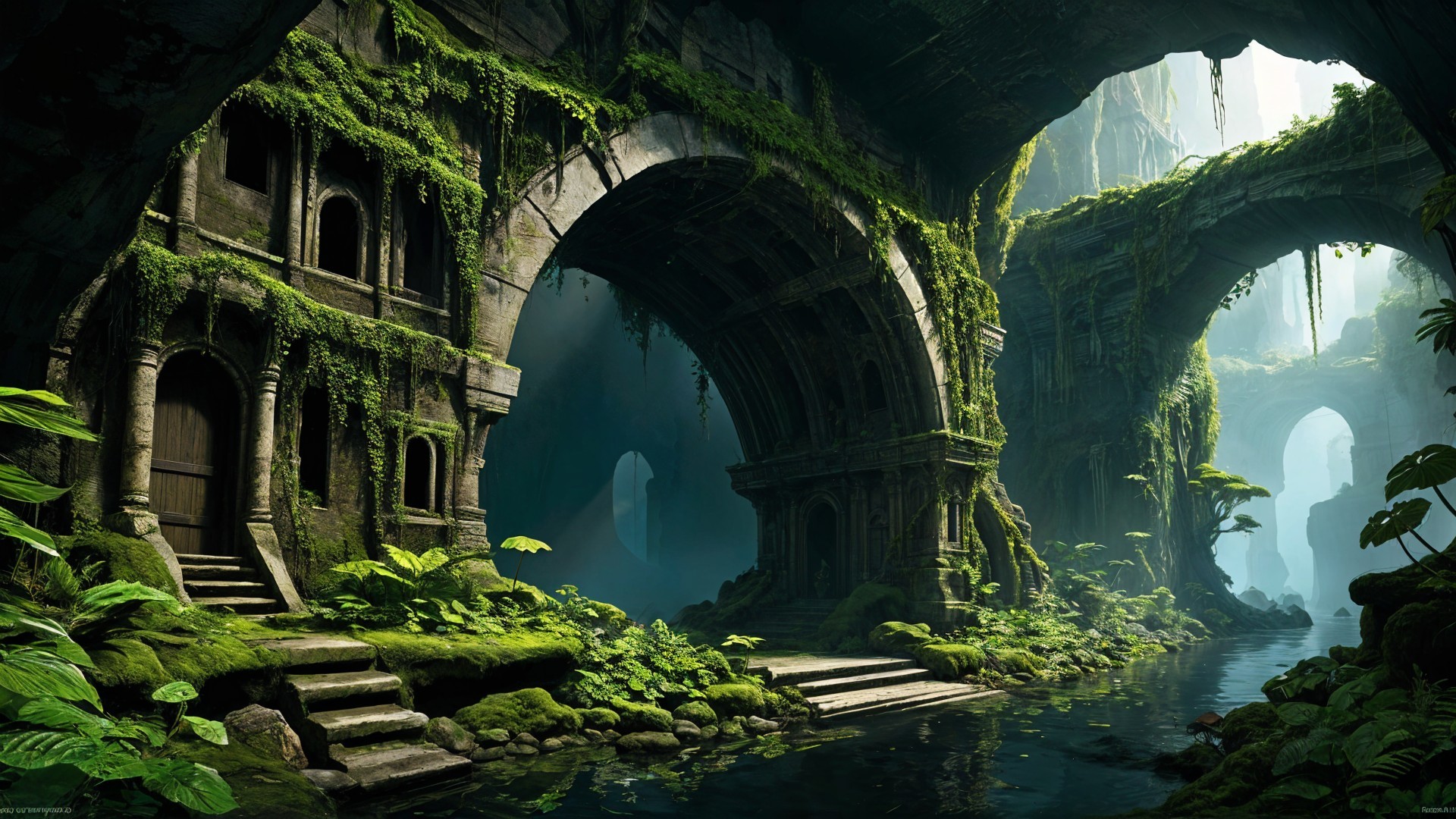 Lush Overgrown Landscape with Ancient Stone Arches