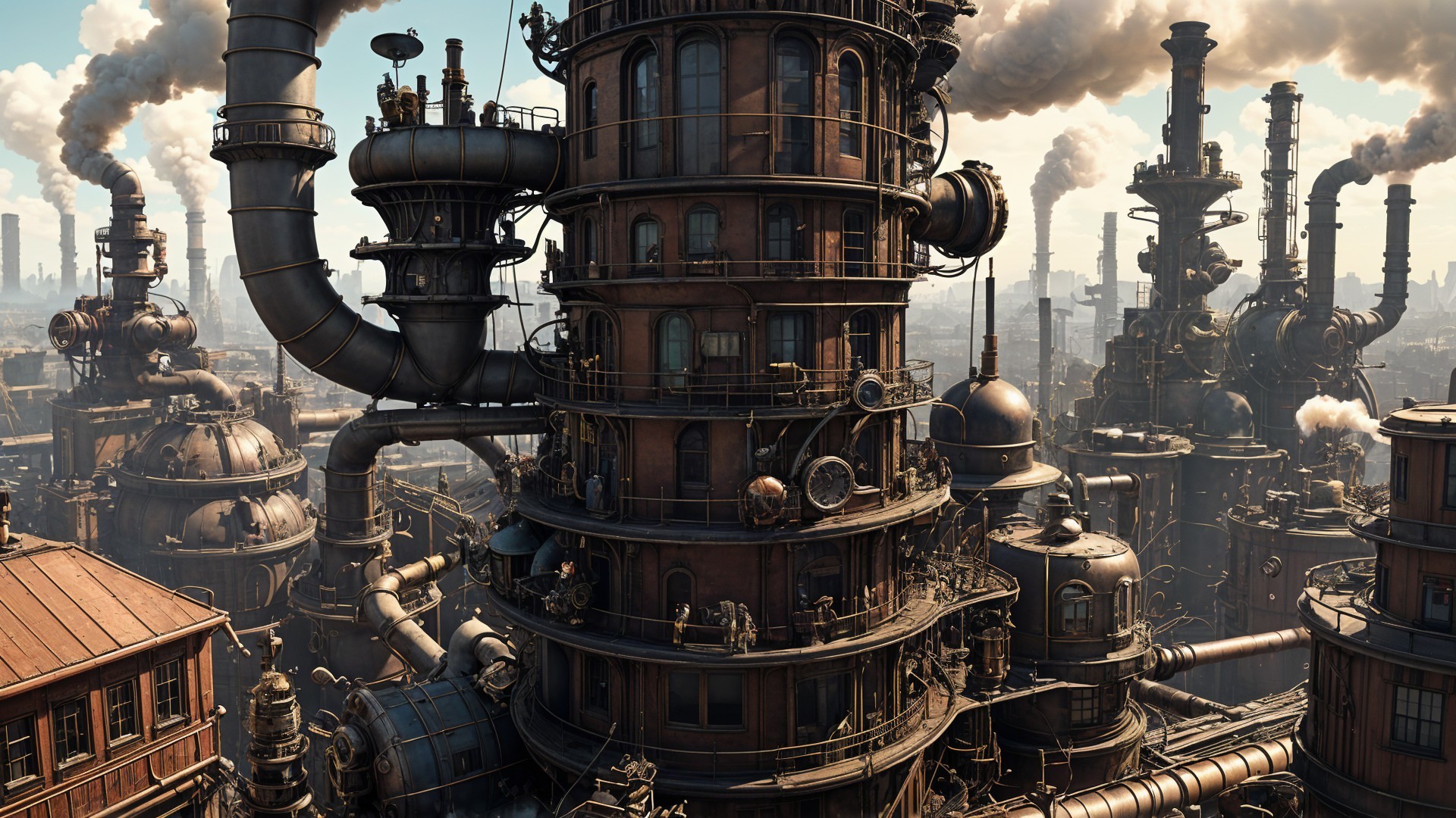Industrial Landscape with Steampunk Elements and Machinery
