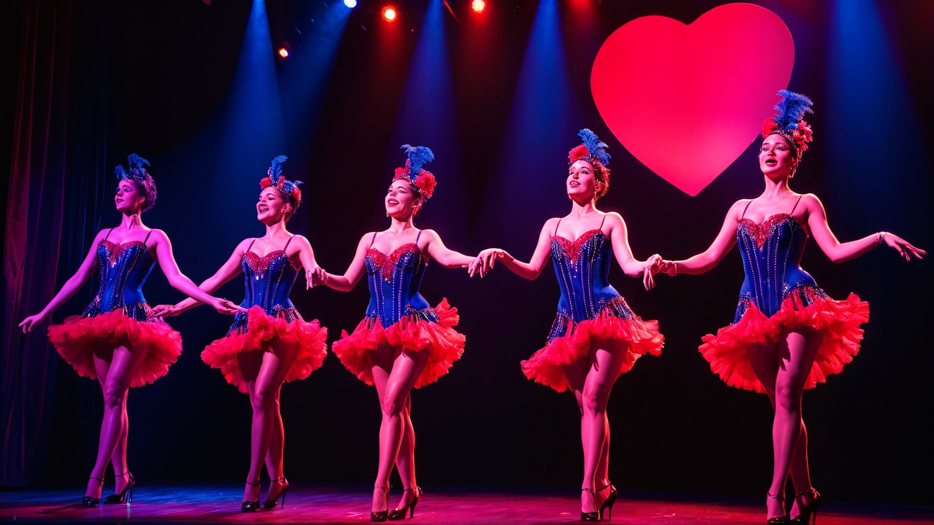 Five Performers in Blue Corsets and Red Skirts on Stage