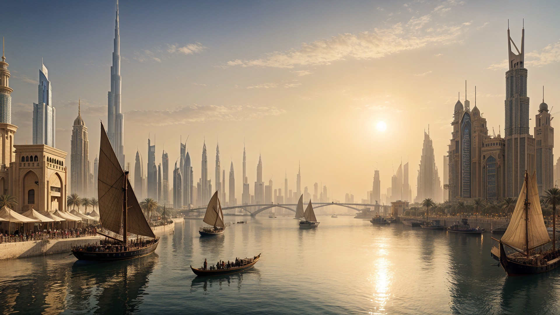 Dubai Skyline at Dusk with Iconic Architecture and Dhow