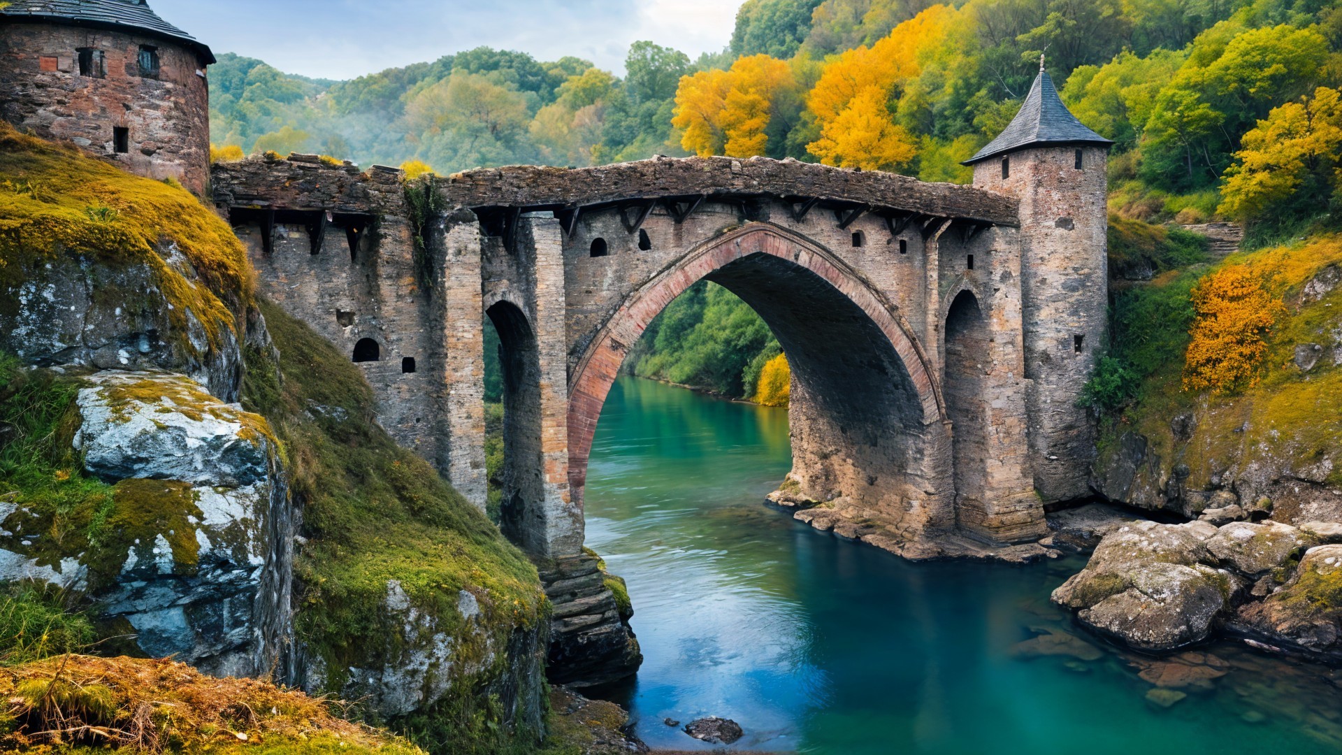 Stone Bridge Over Turquoise River in Autumn Landscape