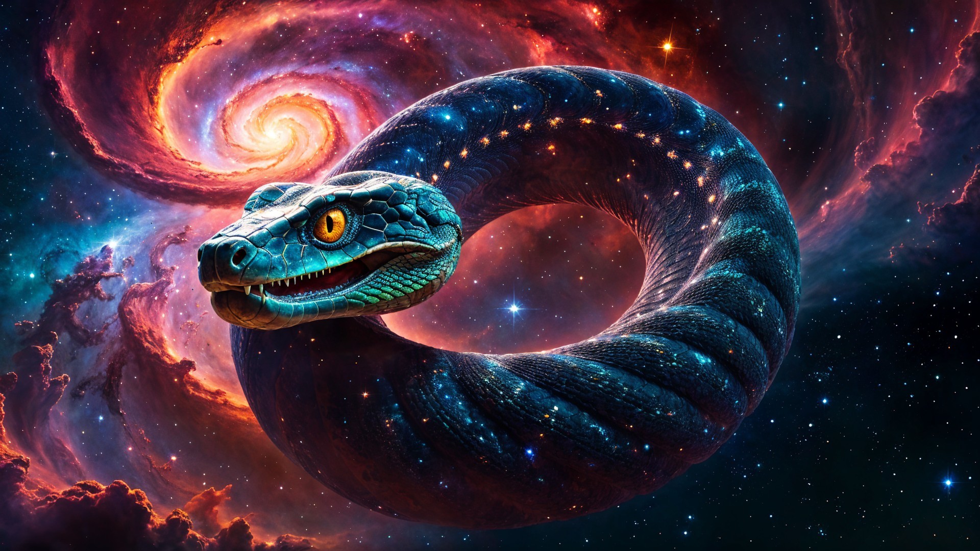 Cosmic Serpent in a Vibrant Galaxy with Nebulae