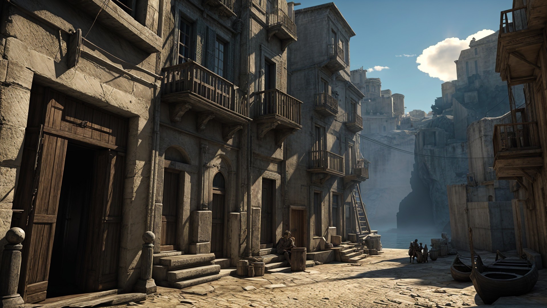 Weathered Coastal Town Street with Sunlit Buildings