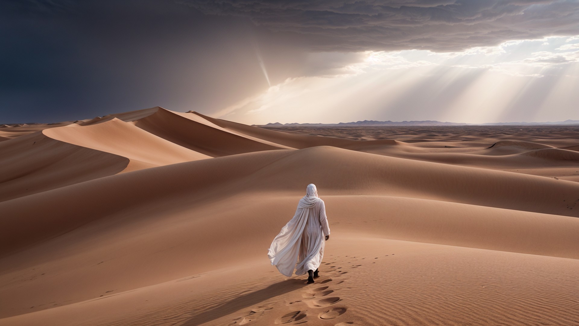 Solitary Figure in White Robe on Desert Dunes