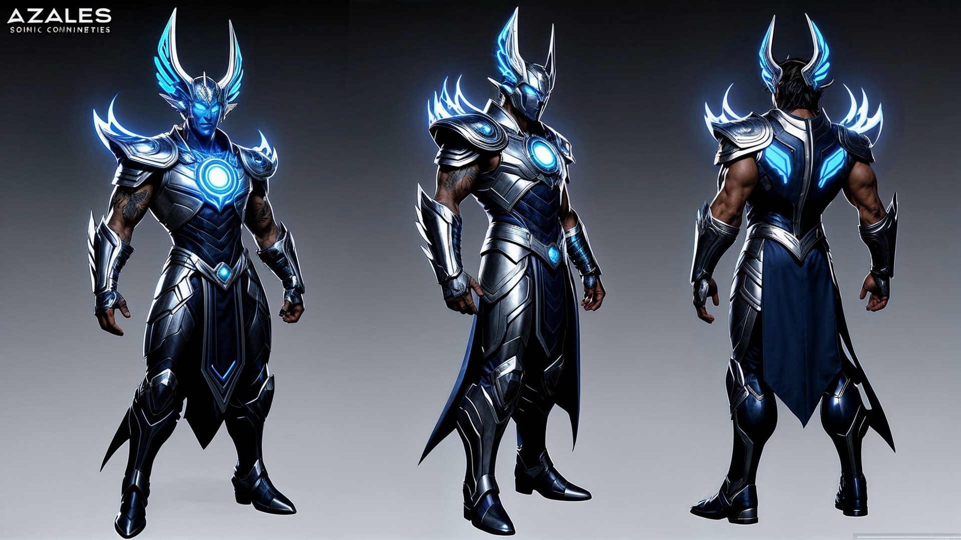 Character in Dark Armor with Glowing Blue Accents