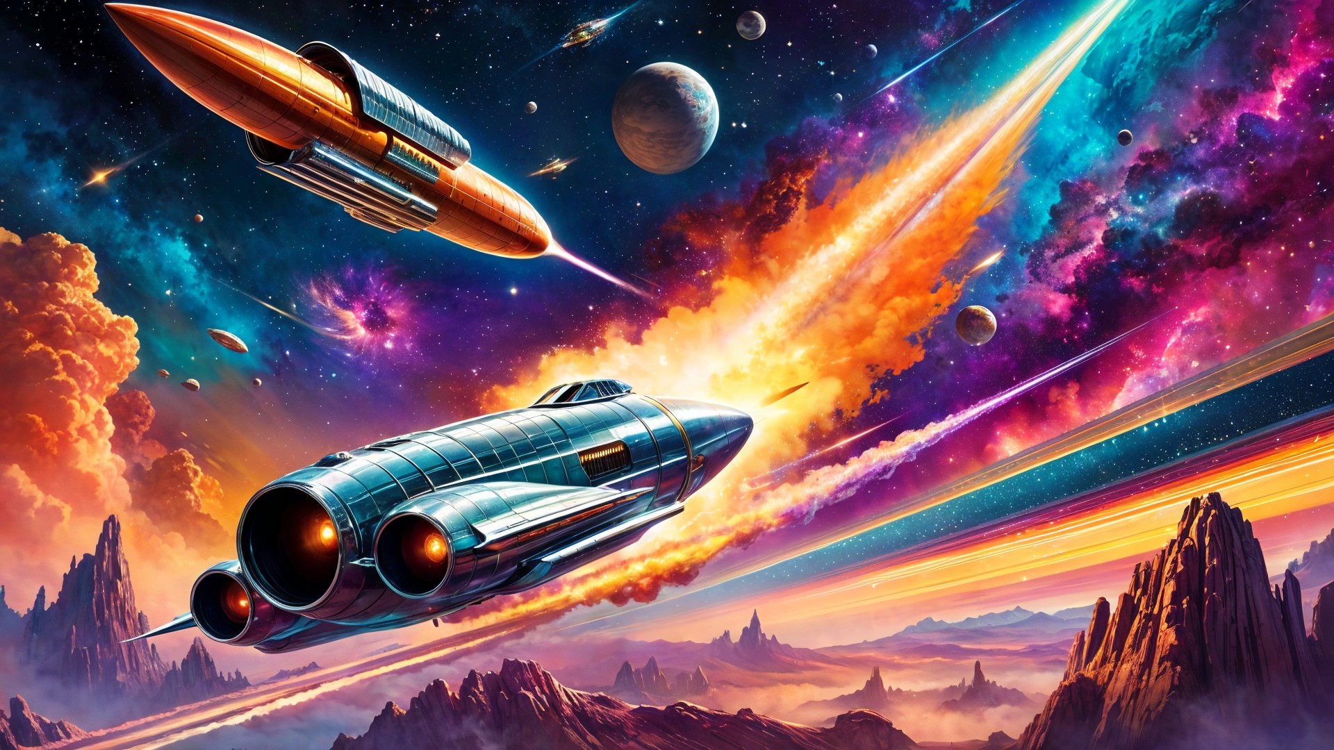 Cosmic Scene with Rockets and Celestial Landscapes