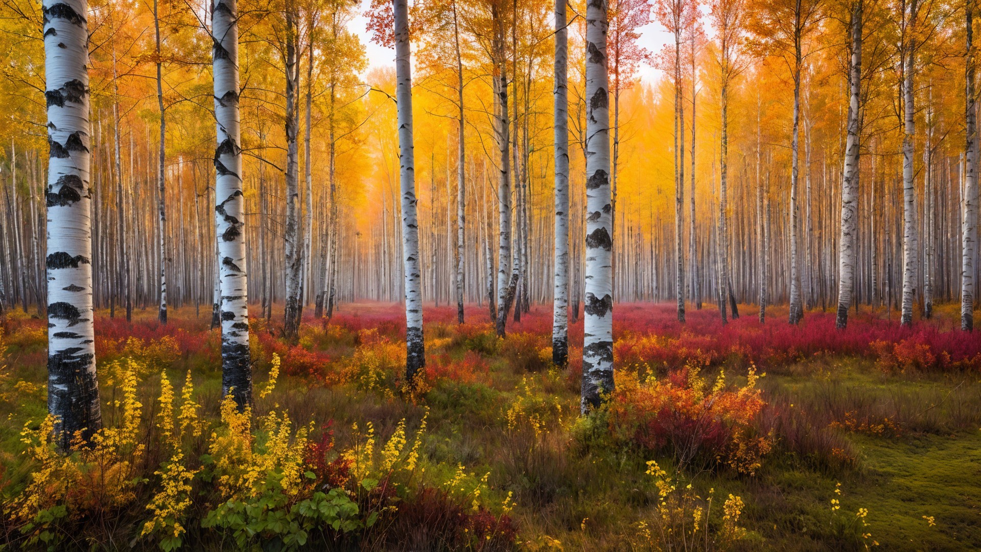 Autumn Landscape with Birch Trees and Colorful Foliage