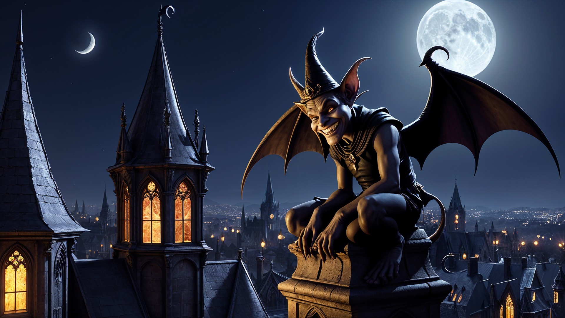 Gargoyle on Gothic Tower Under Moonlit Sky