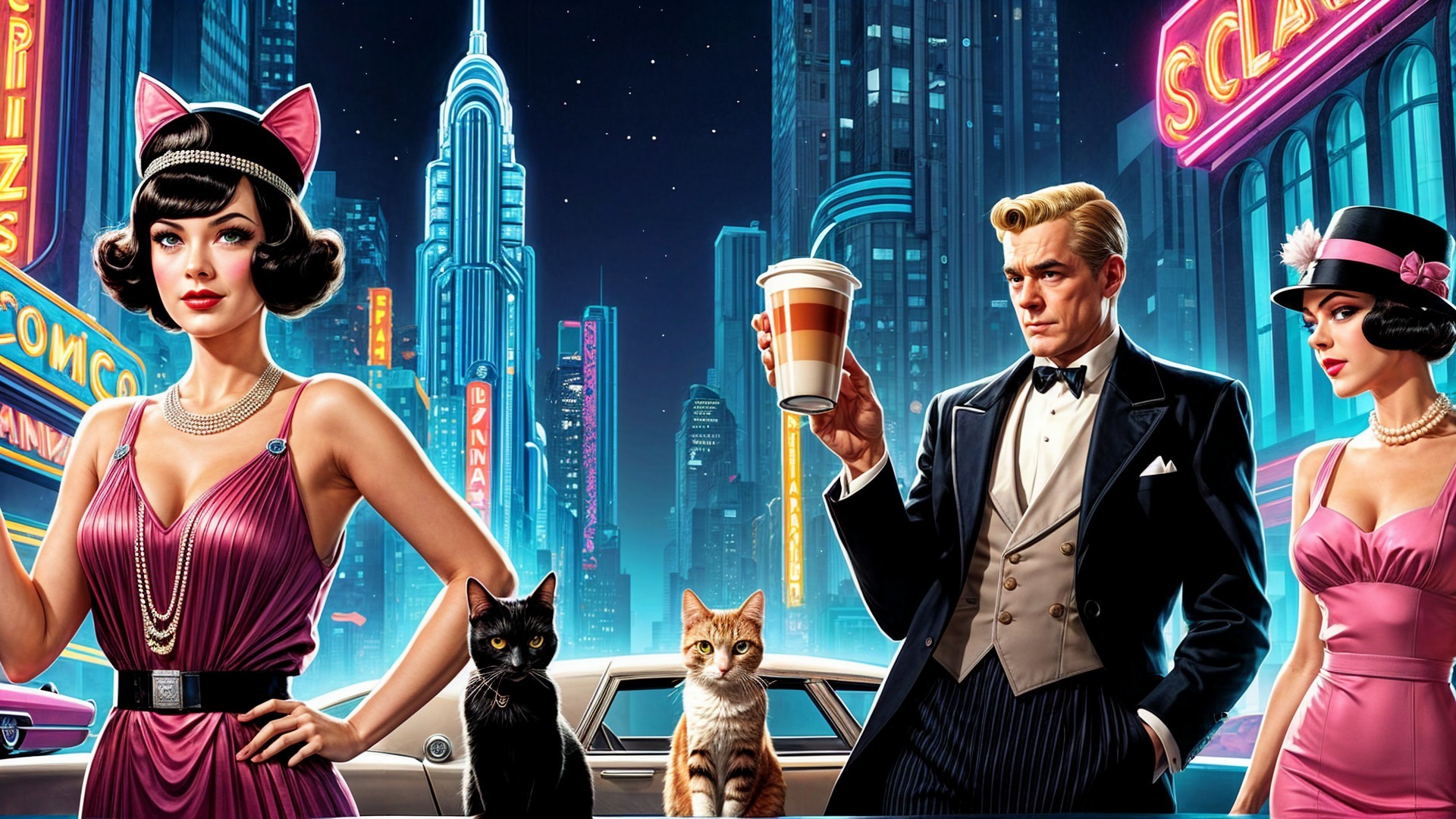 Retro City Scene with Glamorous Couple and Cats