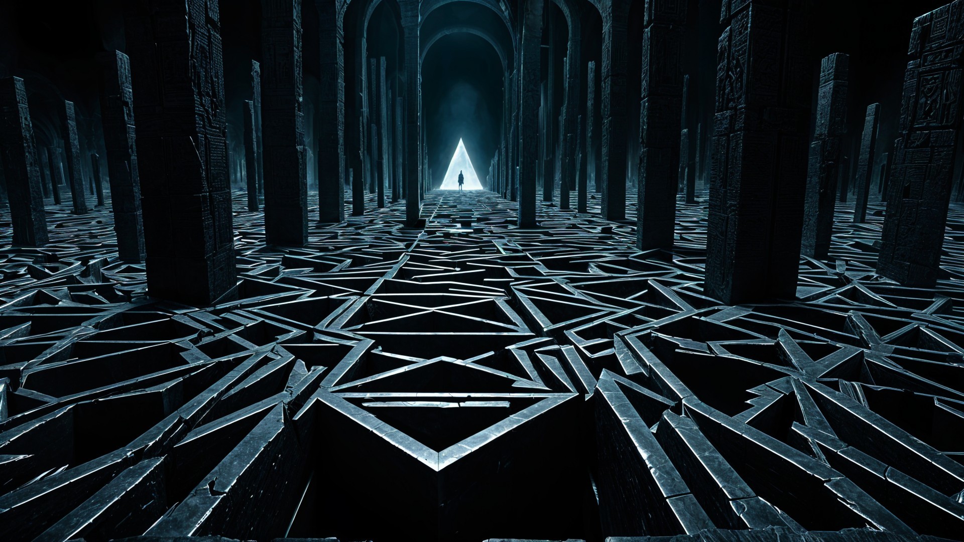 Surreal Dark Environment with Intricate Pillars and Light