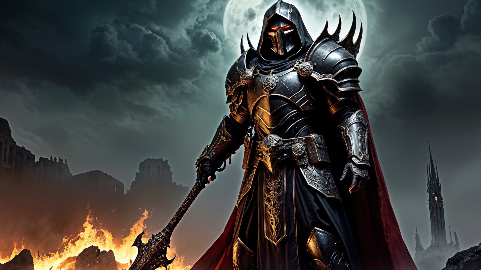 Dark Armored Warrior Against Ominous Moonlit Sky