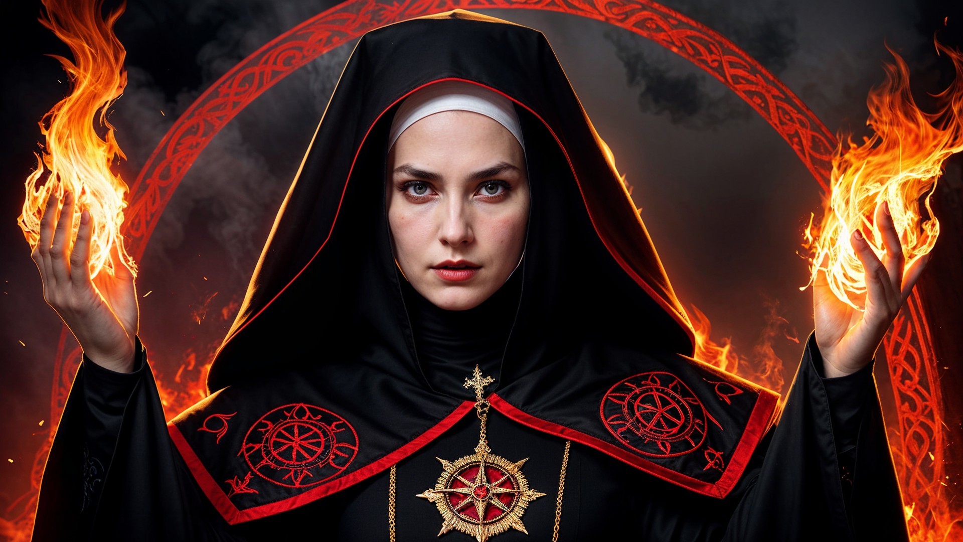 Mysterious Figure in Dark Robe with Fiery Symbol