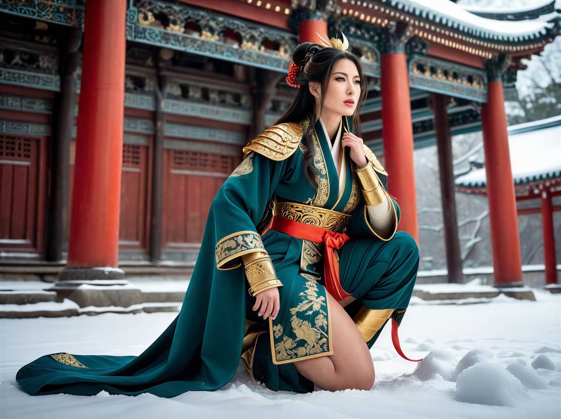 Asian Woman in Regal Warrior Outfit Crouching in Snow