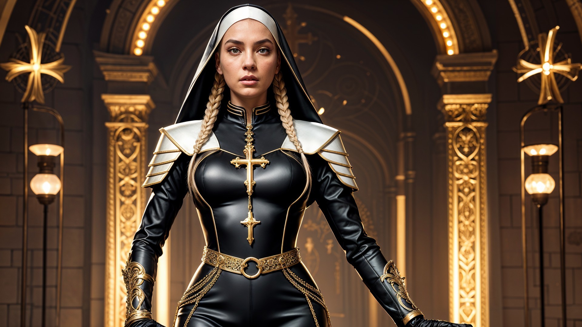 Confident figure in black outfit with gold accents