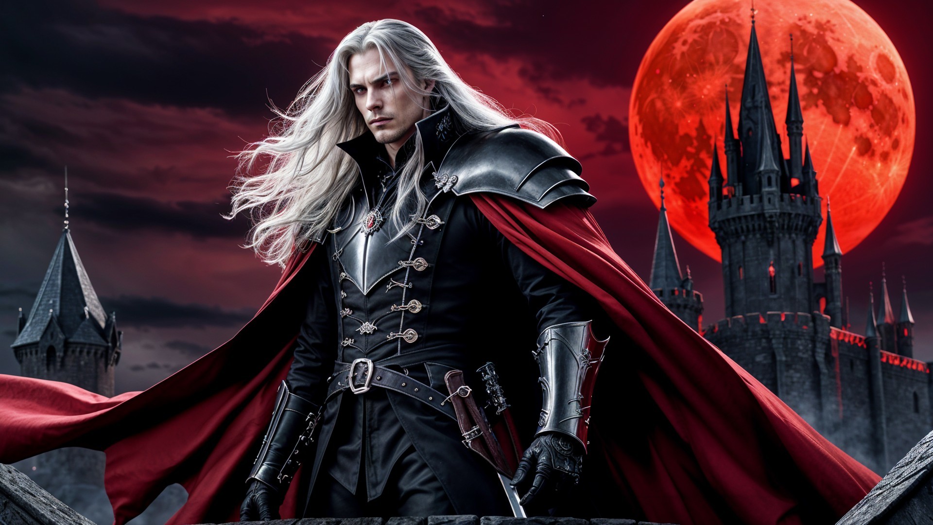 Gothic Fantasy Scene with Silver-Haired Figure and Castles