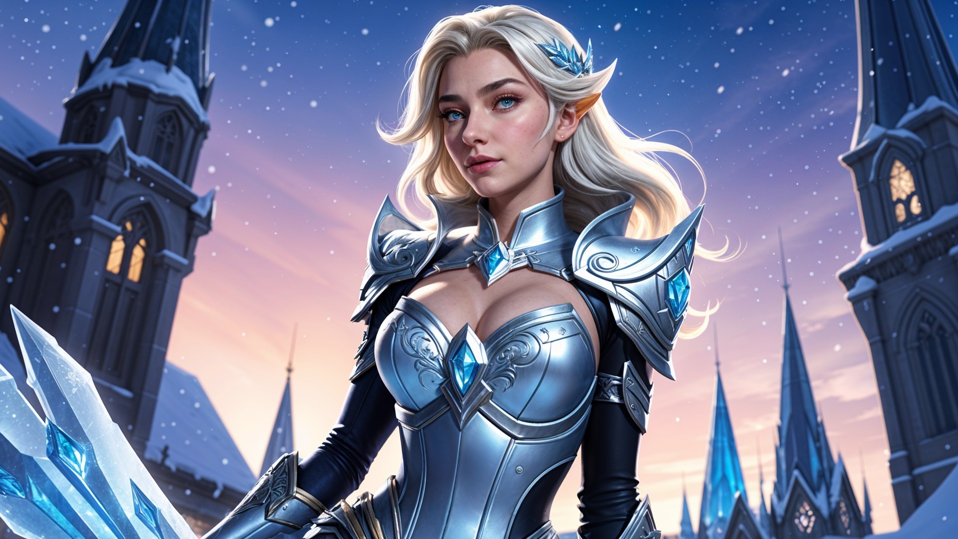 Female character in silver armor with icy sword