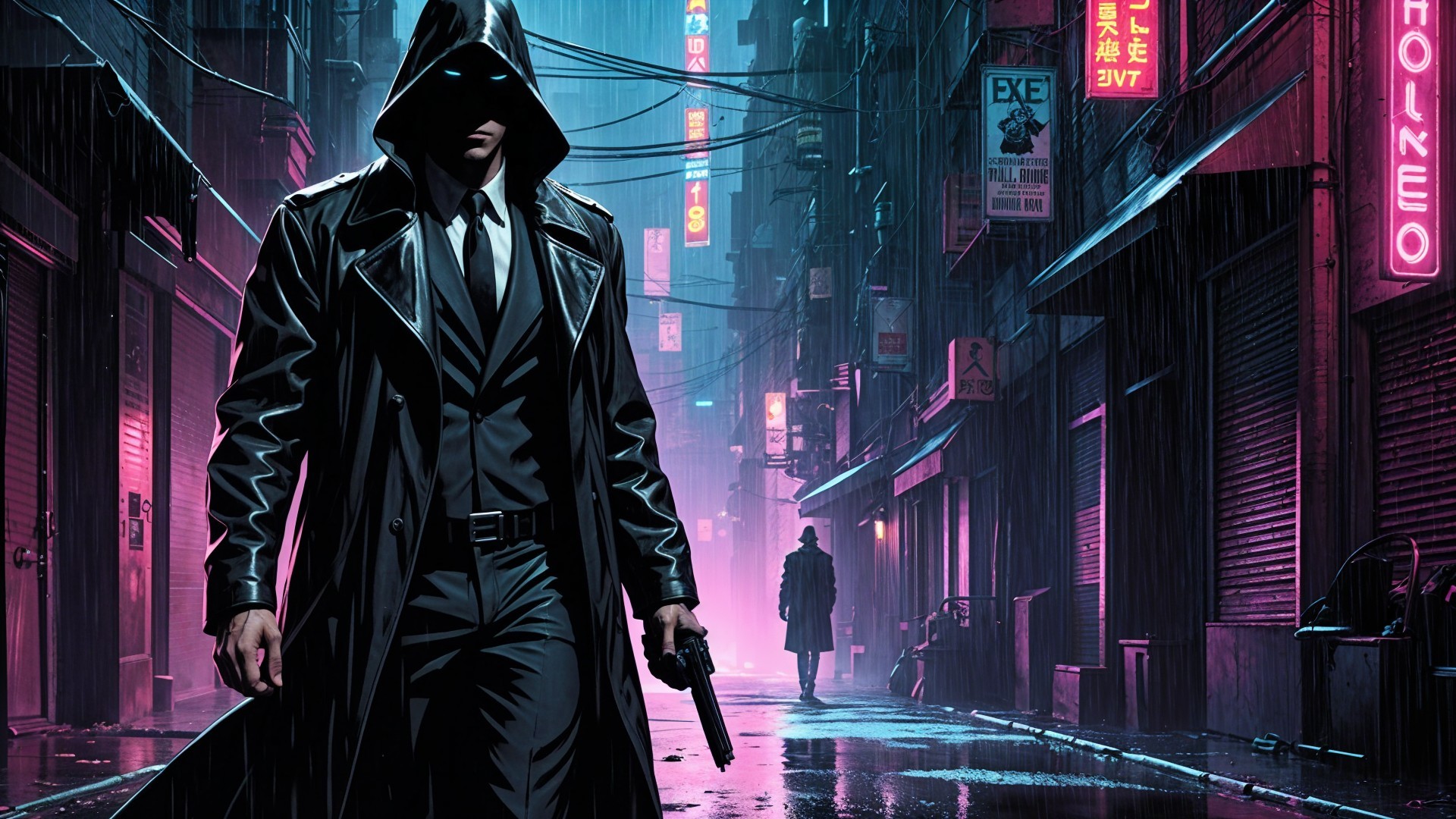 Neon-Lit Urban Scene with Hooded Figure and Gun