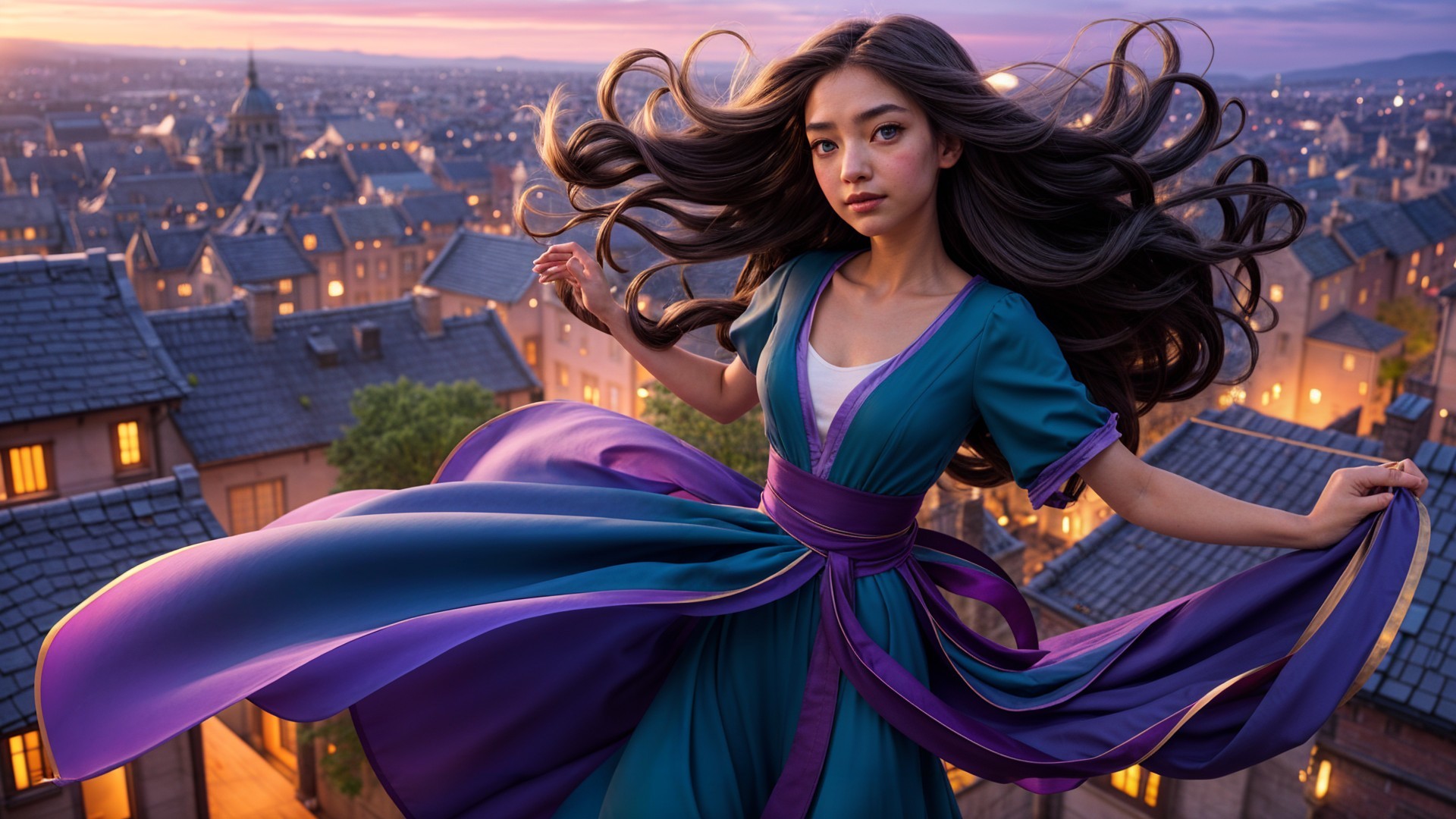 Young woman in vibrant dress spinning on rooftop at dusk