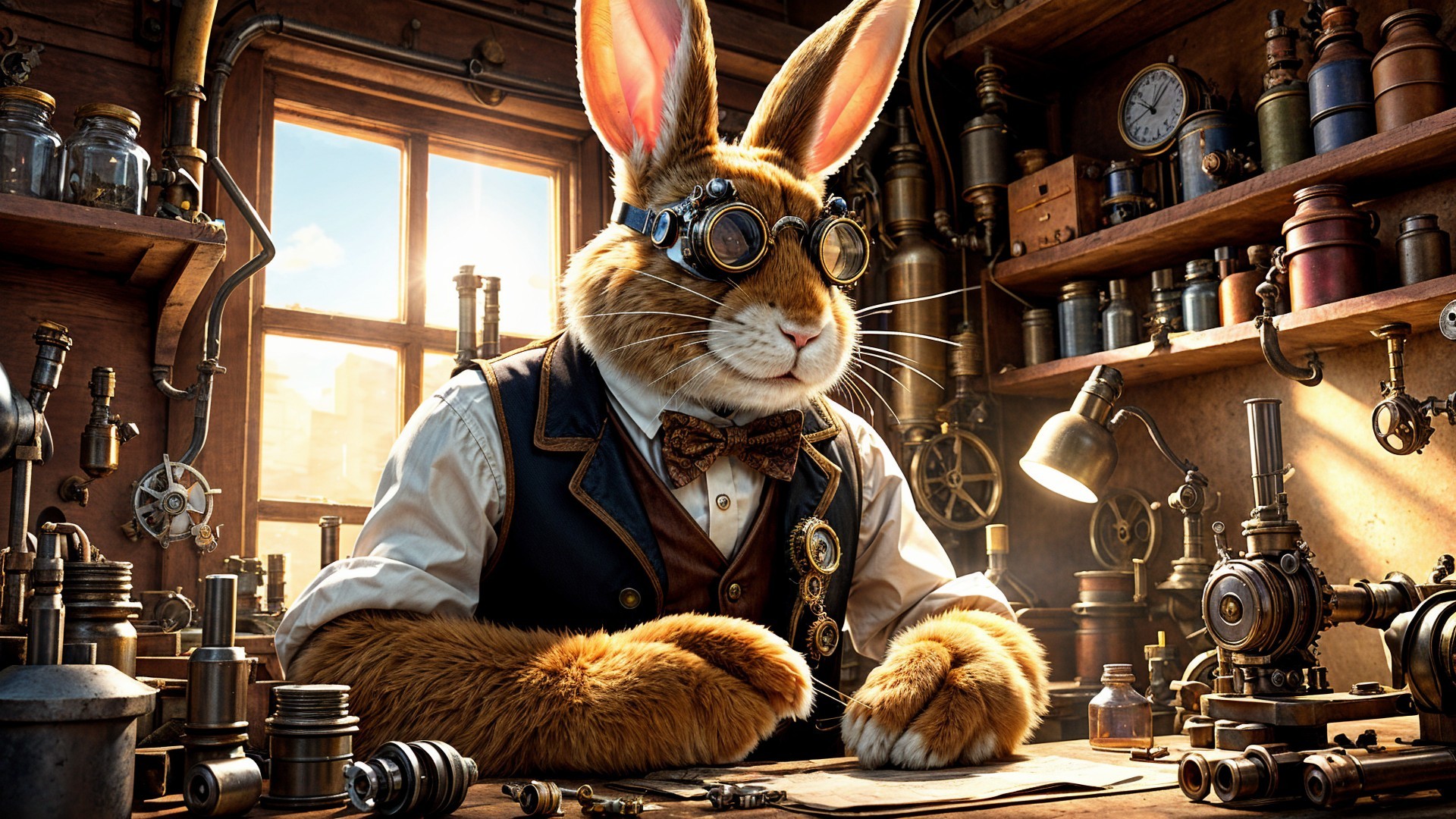 Steampunk Rabbit in Workshop with Gadgets and Tools