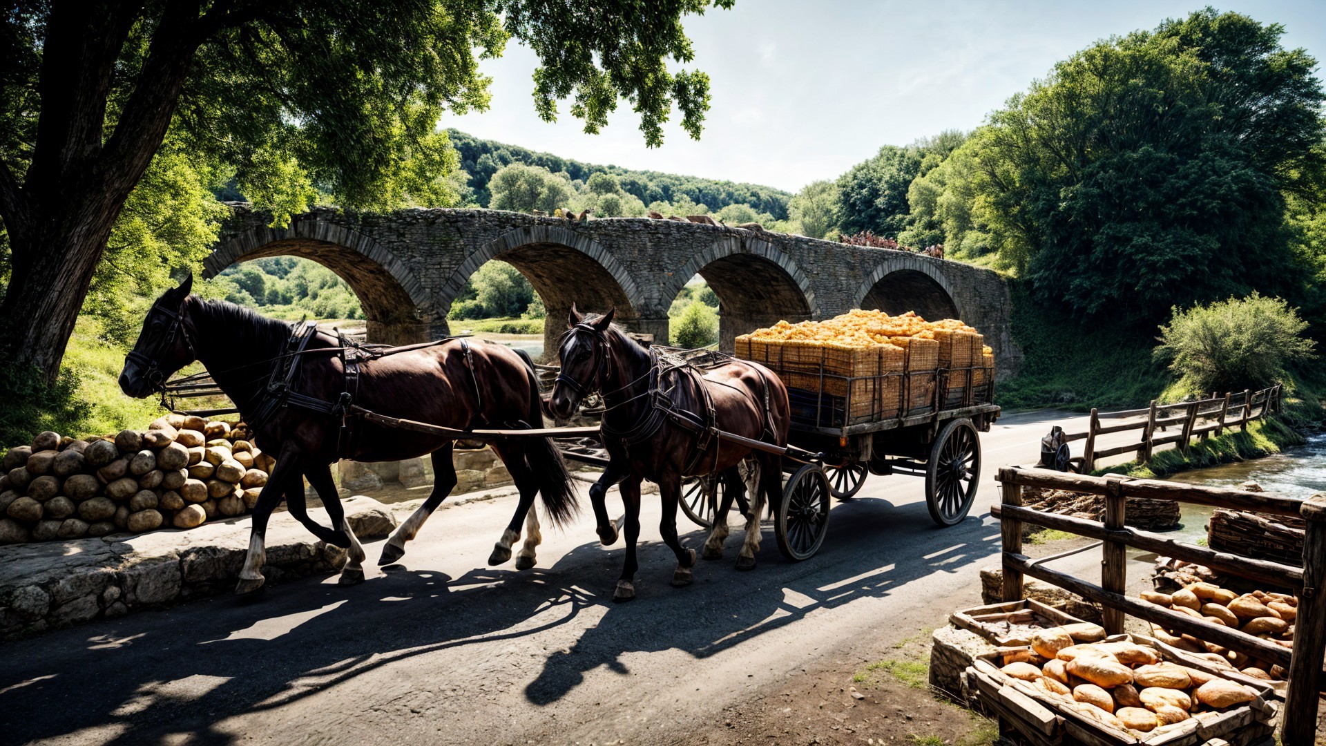 Scenic Rural Landscape with Horse-Drawn Cart and Bridge