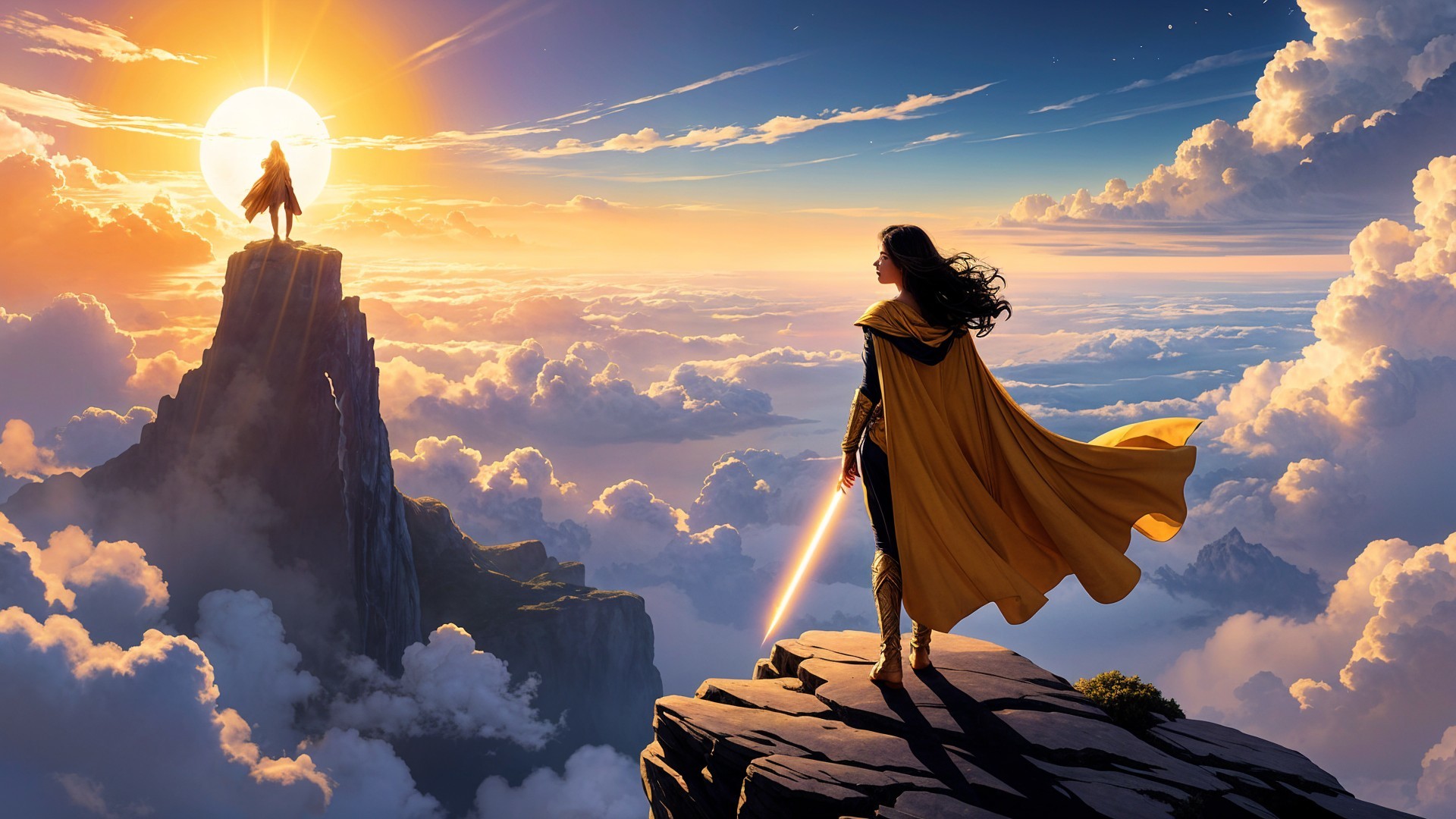 Figure on Mountain Peak with Lightsaber at Sunrise