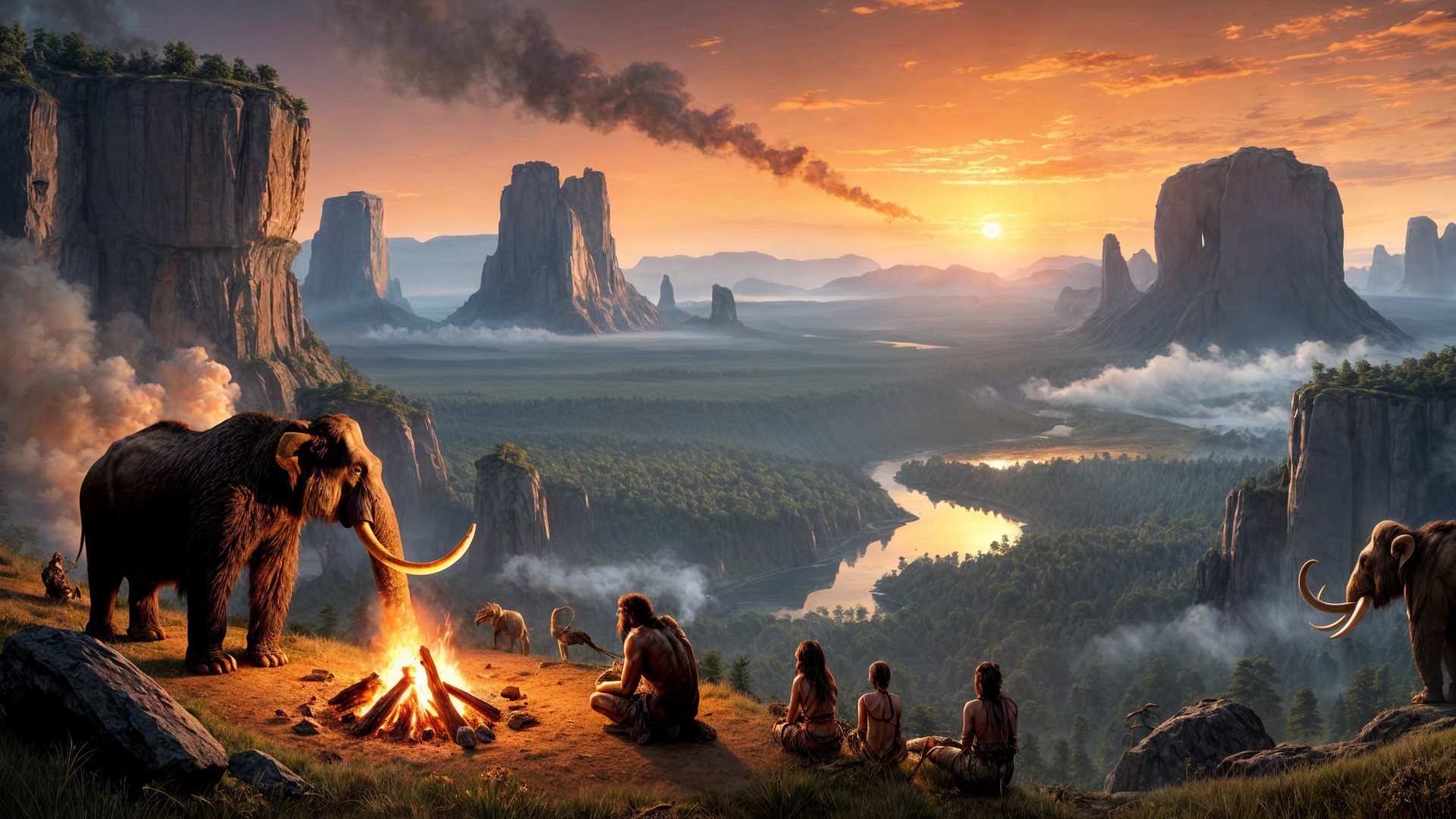 Early Humans Gather by Campfire in Prehistoric Landscape