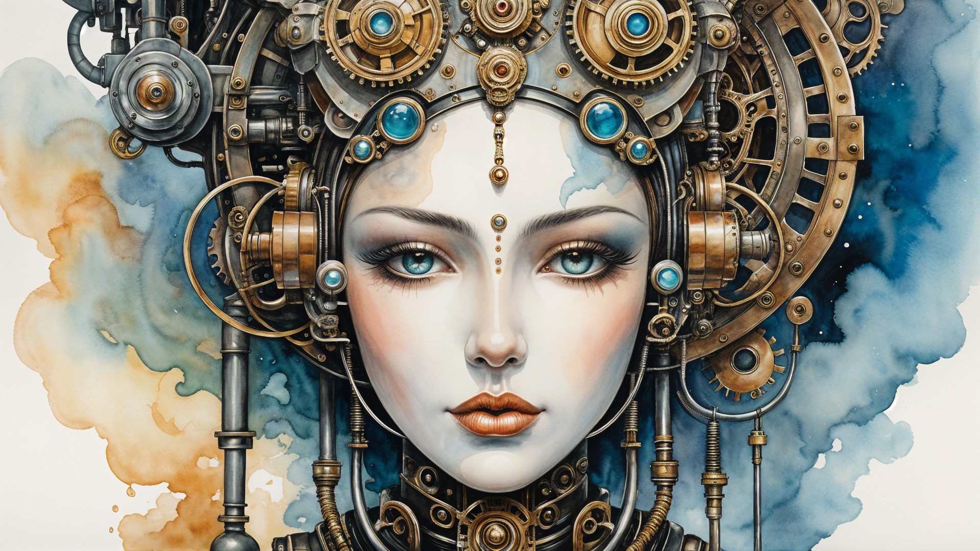 Stylized Steampunk Woman Portrait with Watercolor Background