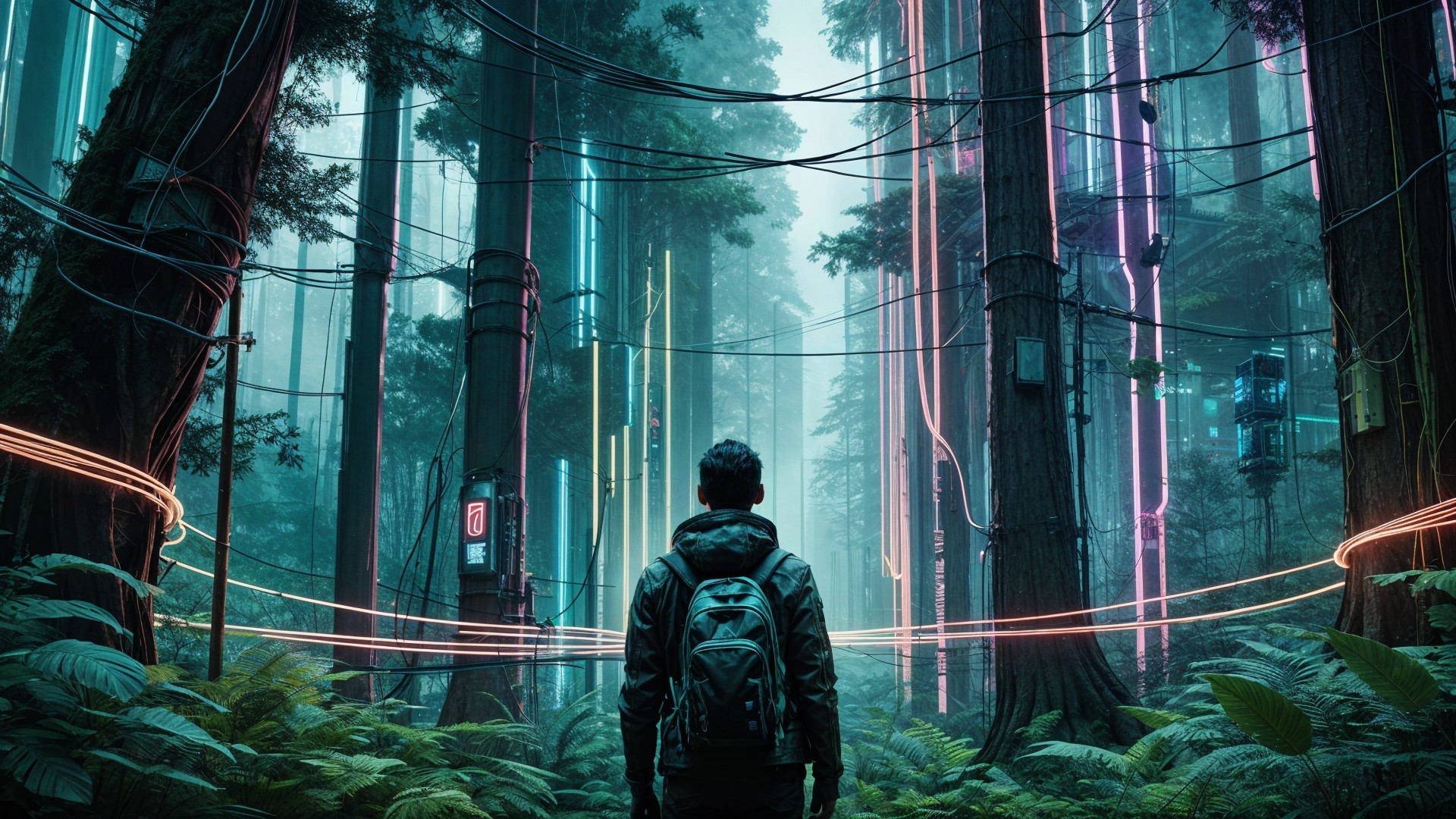 Surreal Forest with Neon Lights and Misty Atmosphere