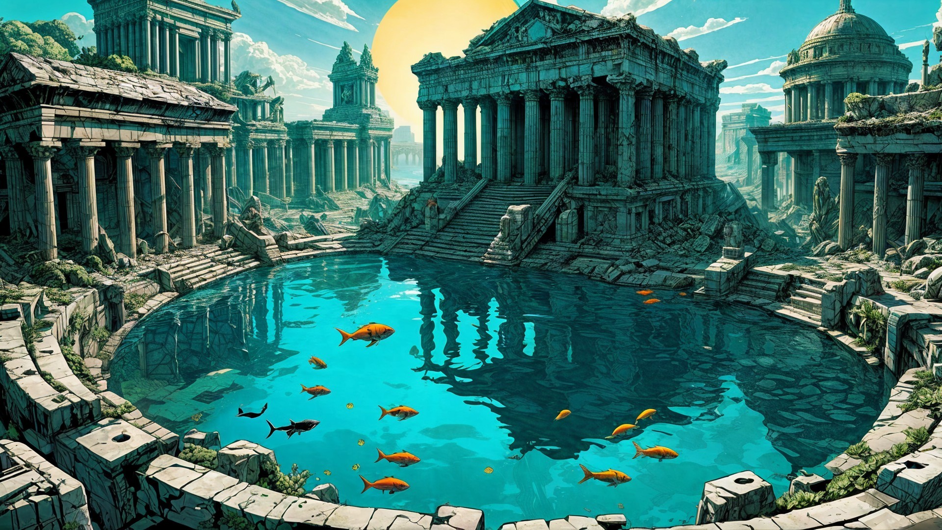 Ancient Ruins and Reflective Pool in Serene Landscape