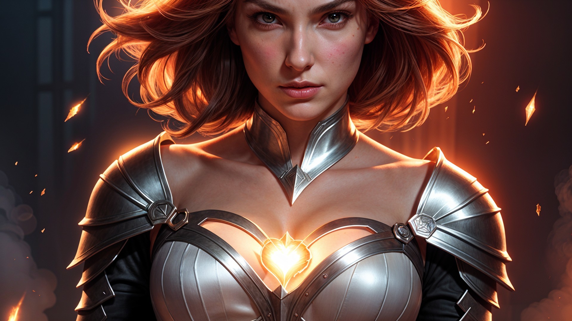 Strong Female Warrior in Silver Armor with Emblem