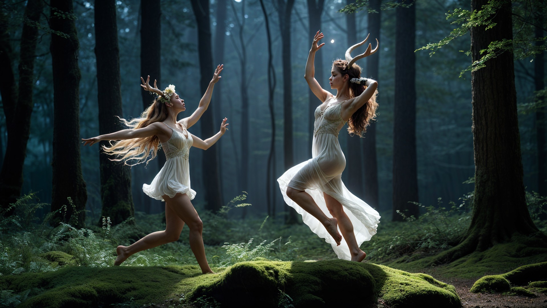 Ethereal Figures Dancing in a Serene Forest Scene