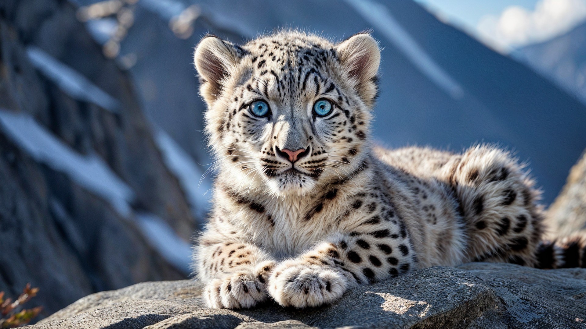 Snow Leopard Cub Resting on Rocky Ledge in Sunlight
