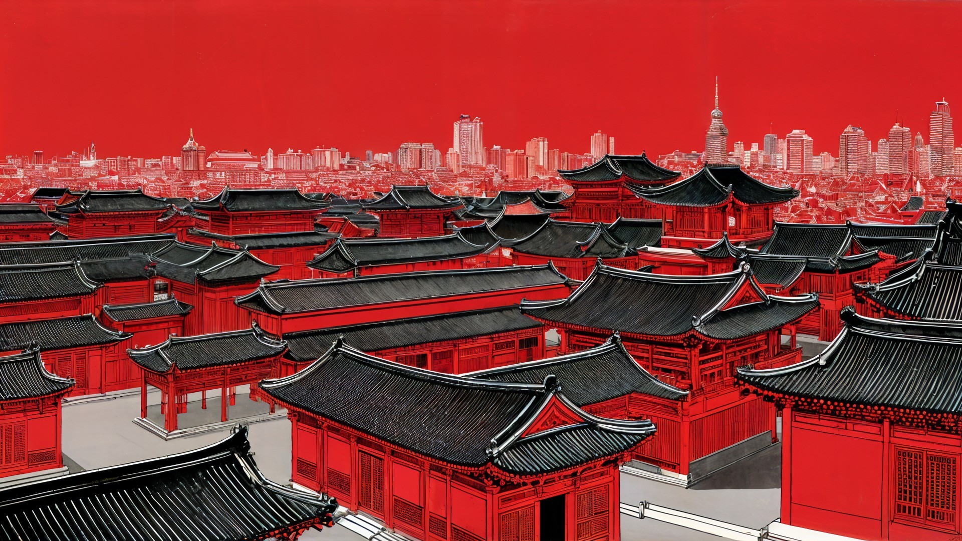 Vibrant Cityscape with Traditional Asian Architecture