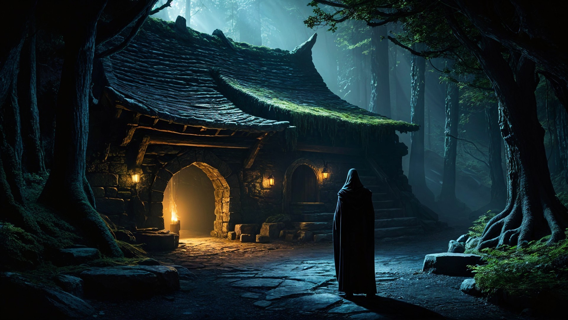 Cloaked Figure at Ancient Cottage in Misty Forest