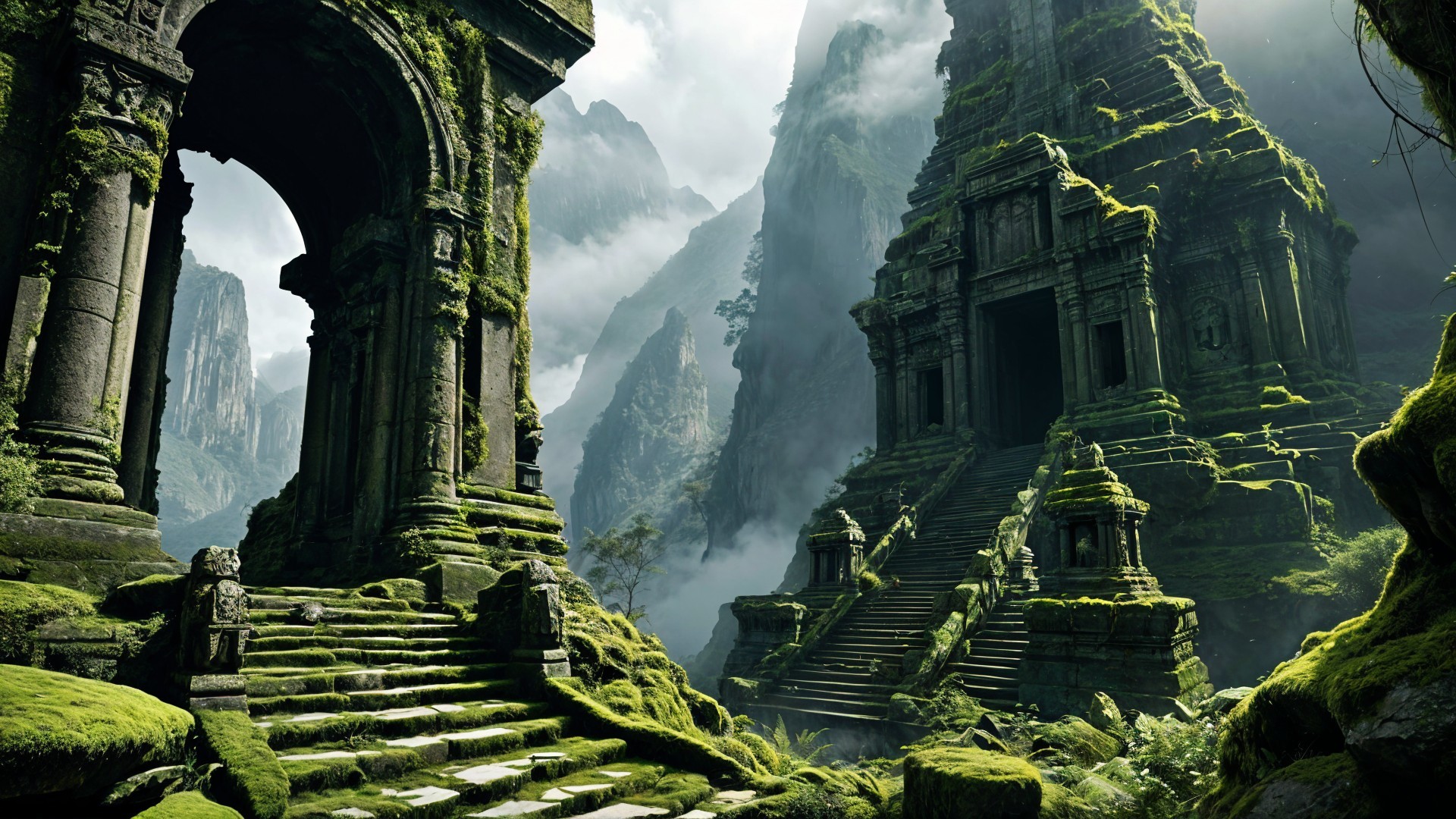 Ancient Ruins Surrounded by Lush Greenery and Mist