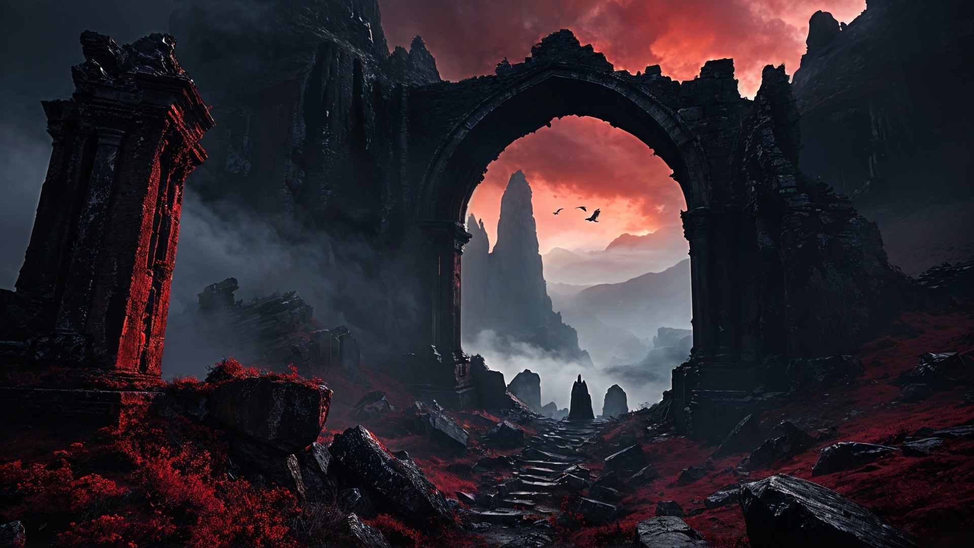 Dramatic Landscape with Ruined Archway and Mist