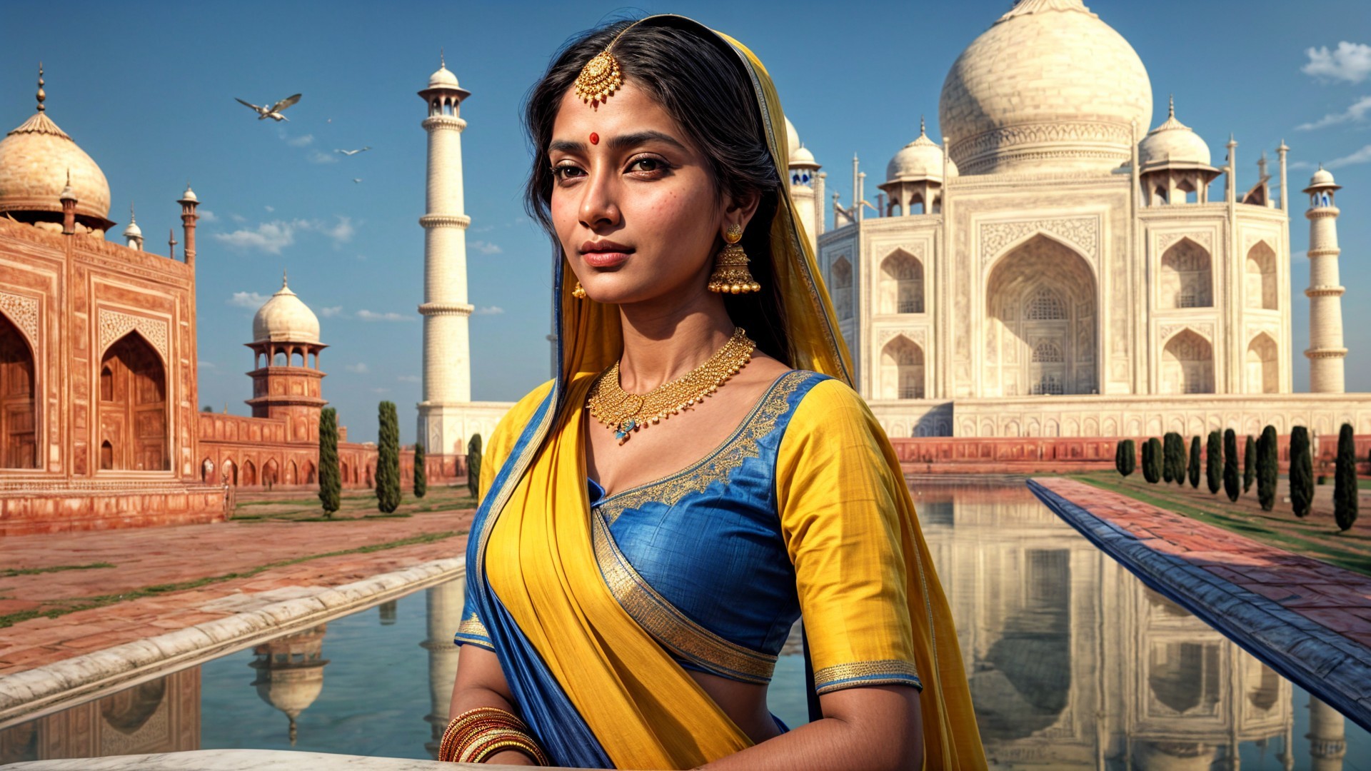 Young Woman in Traditional Attire at Taj Mahal